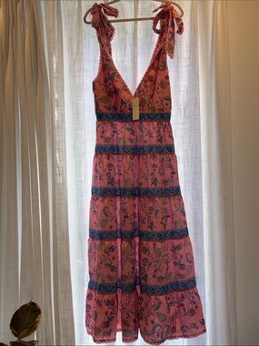 Pink Floral Midi Dress with Tie Shoulder Straps and Blue Band Accents